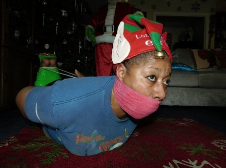 Ebony female finds herself gagged and hogtied in front of a Christmas tree 72686992
