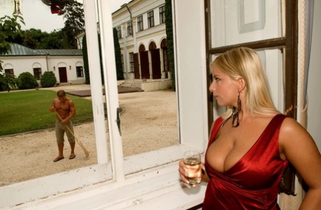 Hot blonde MILF Lucy Love in tight red dress gets her big tits sucked outdoors 61955221
