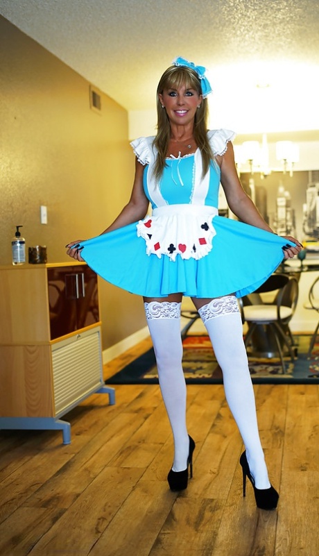Kinky blonde housewife Sandra Otterson posing topless in white stockings 94132892